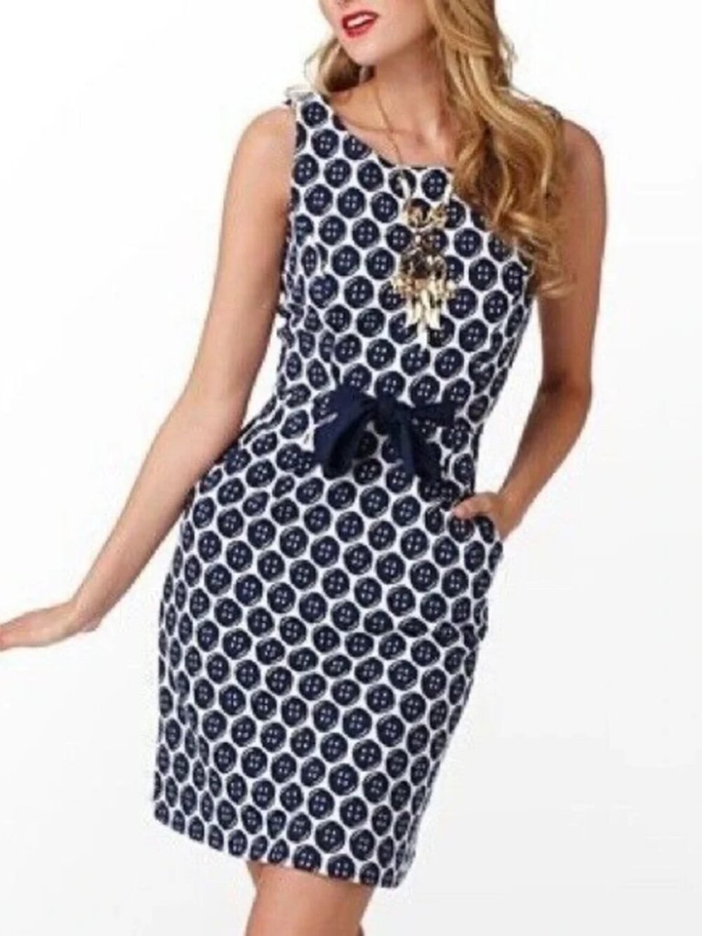 Lilly Pulitzer Evie Button Print Knit Dress Navy Blue White